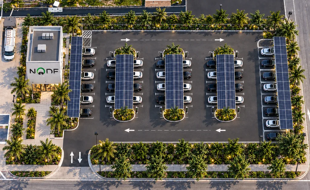 Conceptual rendering of a Node depot viewed from above, with rows of vehicles, solar canopies, charging spaces, and an operations building.